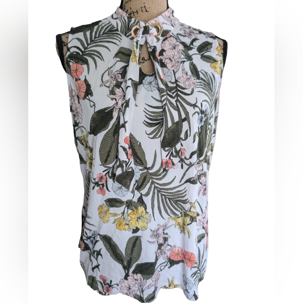Chic Vintage Floral Multicolor Sleeveless Keyhole Neck Top Size Large